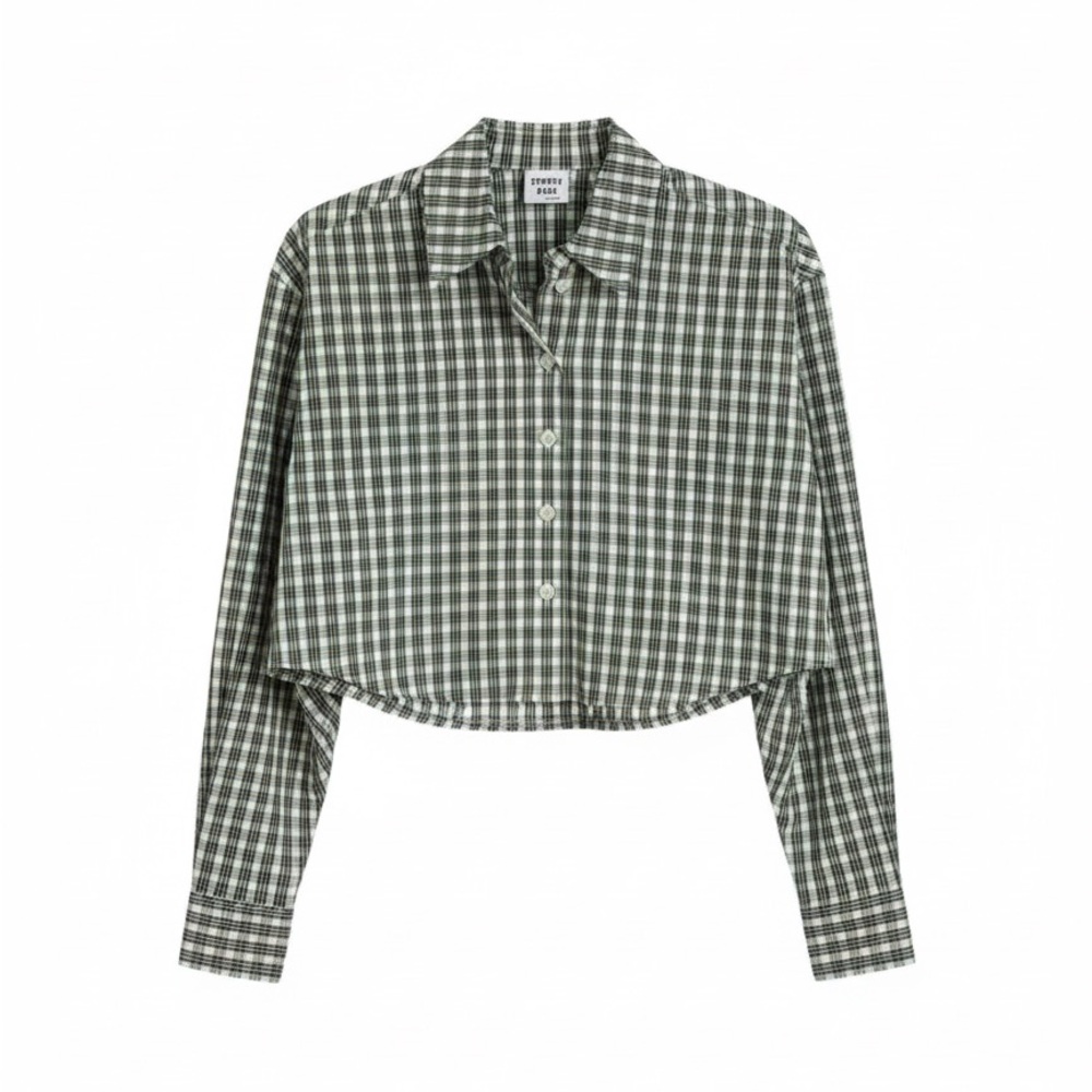 Sunday Best Green and White Cropped Button-Down Plaid Shirt